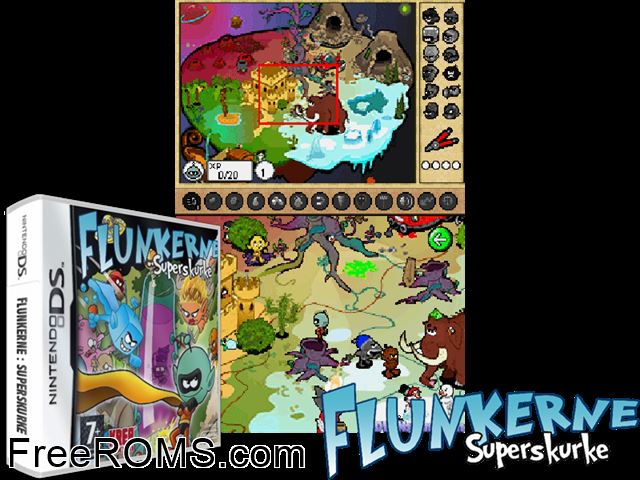 Flunkerne - Superskurke Europe NDS game showing 3D box cover and gameplay screenshot