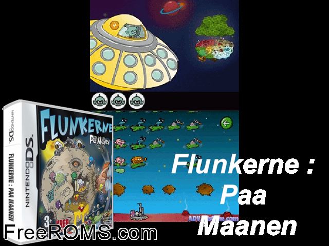 Flunkerne Paa Maanen Europe NDS game showing 3D box cover and gameplay screenshot