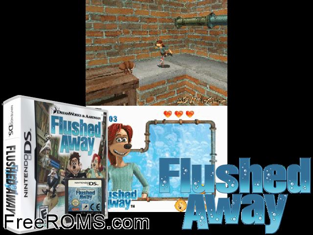 Flushed Away NDS game showing 3D box cover and gameplay screenshot