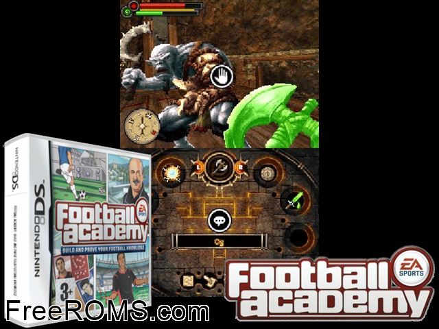 Football Academy Europe NDS game showing 3D box cover and gameplay screenshot