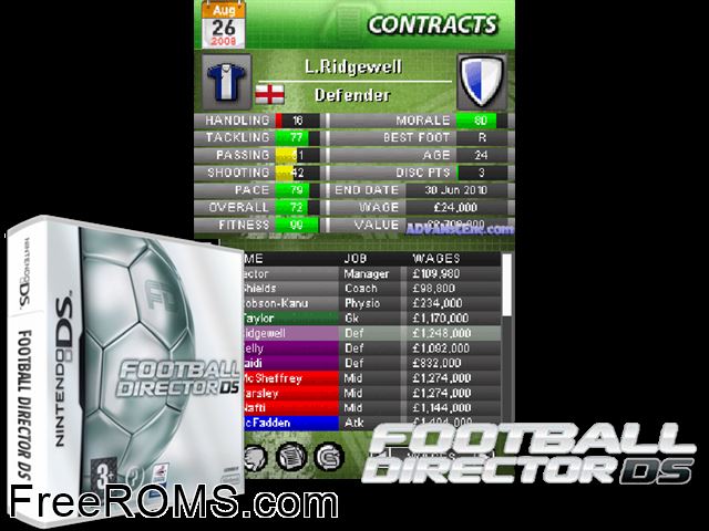 Football Director DS Europe NDS game showing 3D box cover and gameplay screenshot