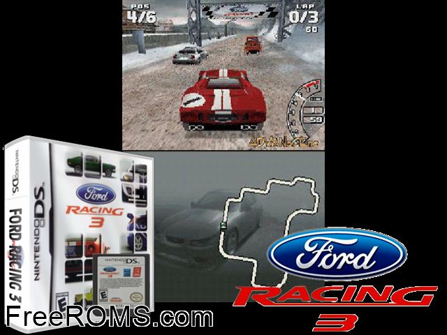 Ford Racing 3 NDS game showing 3D box cover and gameplay screenshot