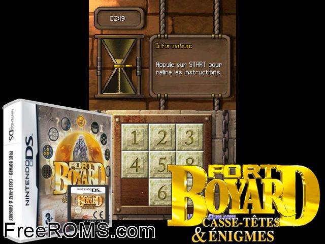 Fort Boyard - Casse-tetes et Enigmes France NDS game showing 3D box cover and gameplay screenshot