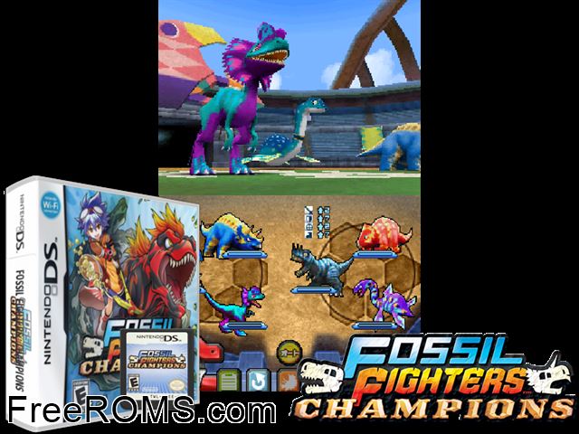 Fossil Fighters - Champions NDS game showing 3D box cover and gameplay screenshot