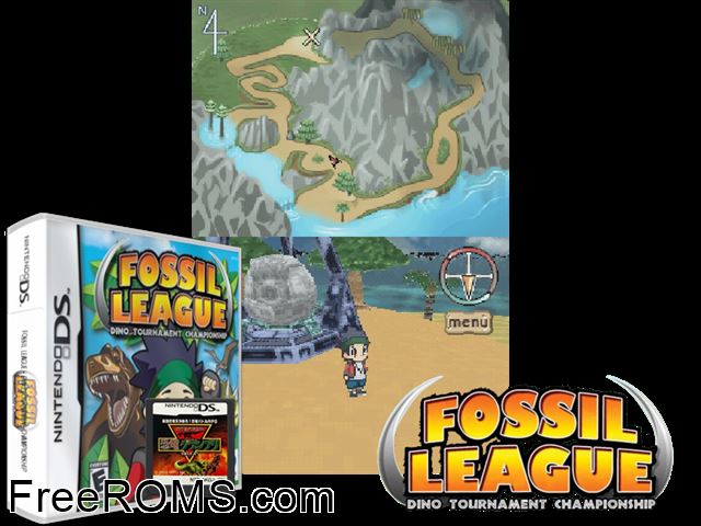 Fossil League - Dino Tournament Championship NDS game showing 3D box cover and gameplay screenshot