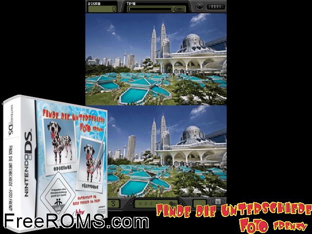 Foto Frenzy Europe NDS game showing 3D box cover and gameplay screenshot