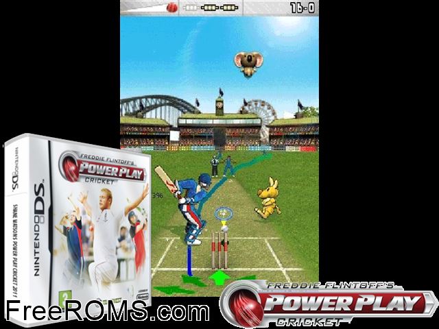Freddie Flintoffs Power Play Cricket Europe NDS game showing 3D box cover and gameplay screenshot