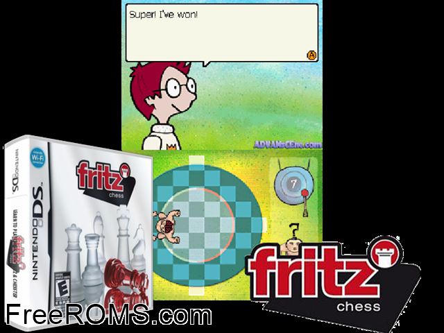 Fritz Chess NDS game showing 3D box cover and gameplay screenshot