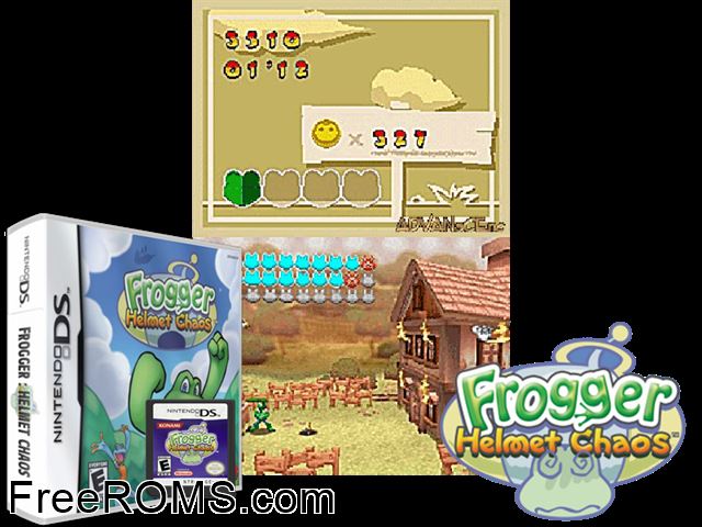 Frogger - Helmet Chaos Europe NDS game showing 3D box cover and gameplay screenshot