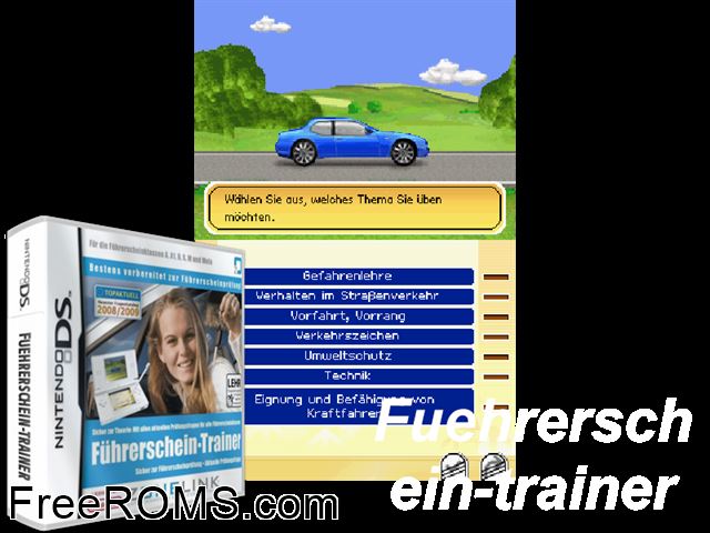 Fuehrerschein-Trainer Germany NDS game showing 3D box cover and gameplay screenshot