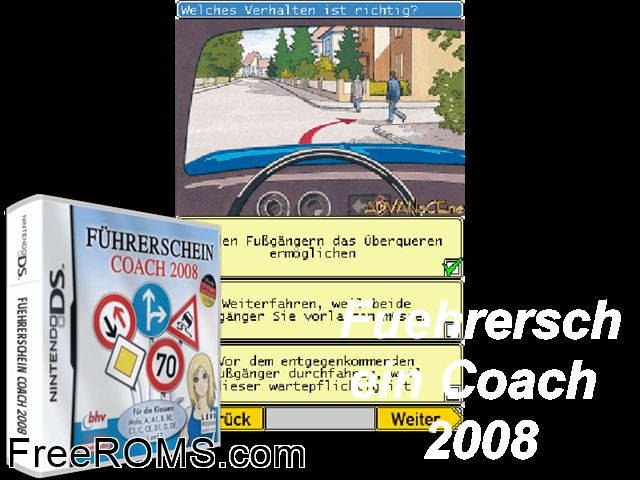 Fuehrerschein Coach 2008 Germany NDS game showing 3D box cover and gameplay screenshot