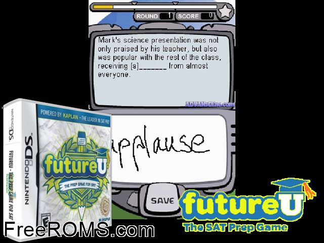 FutureU - The Prep Game for SAT NDS game showing 3D box cover and gameplay screenshot