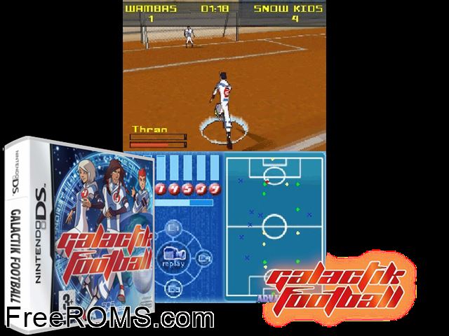 Galactik Football Europe NDS game showing 3D box cover and gameplay screenshot