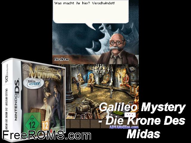 Galileo Mystery - Die Krone des Midas Germany NDS game showing 3D box cover and gameplay screenshot