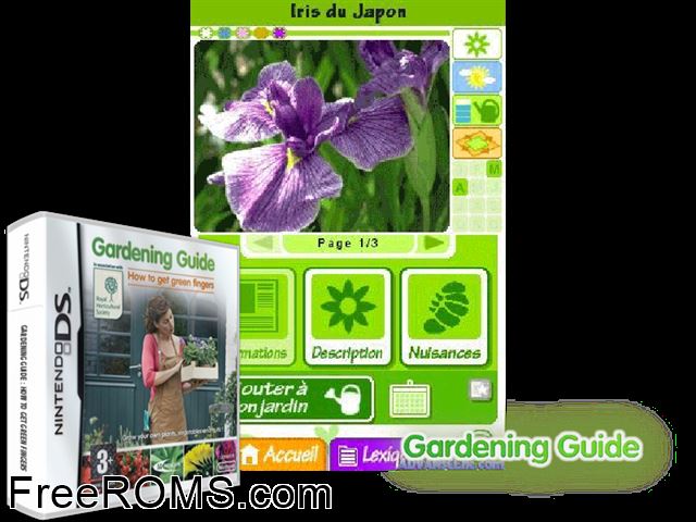 Gardening Guide - How to Get Green Fingers Europe NDS game showing 3D box cover and gameplay screenshot