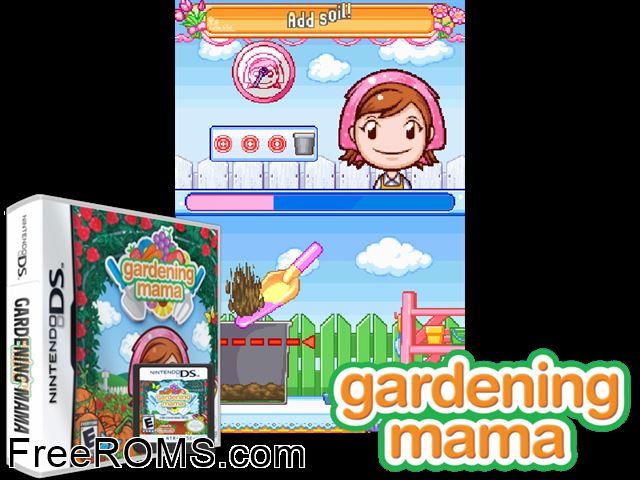 Gardening Mama NDS game showing 3D box cover and gameplay screenshot