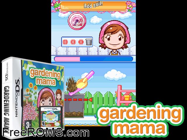 Gardening Mama Europe NDS game showing 3D box cover and gameplay screenshot