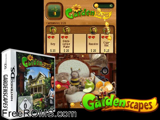 Gardenscapes Europe NDS game showing 3D box cover and gameplay screenshot