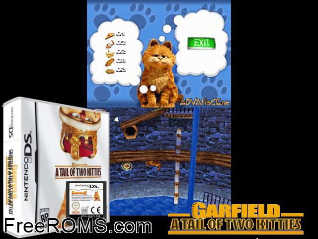 Garfield - A Tail of Two Kitties NDS game showing 3D box cover and gameplay screenshot