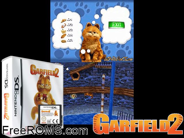 Garfield 2 Europe NDS game showing 3D box cover and gameplay screenshot
