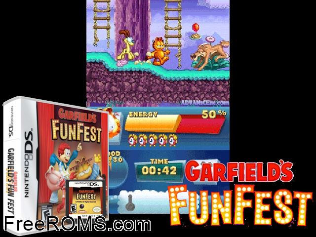 Garfields Fun Fest NDS game showing 3D box cover and gameplay screenshot