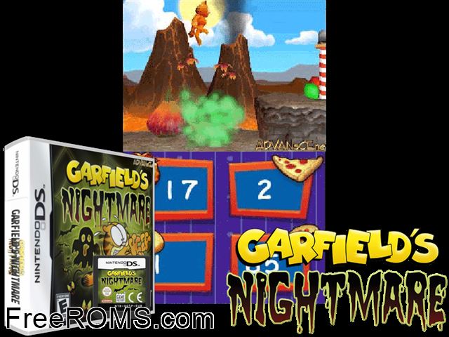 Garfields Nightmare NDS game showing 3D box cover and gameplay screenshot