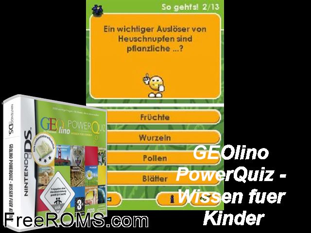 GEOlino PowerQuiz - Wissen fuer Kinder NDS Germany NDS game showing 3D box cover and gameplay screenshot