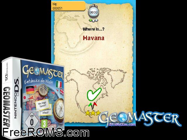 Geomaster Europe NDS game showing 3D box cover and gameplay screenshot
