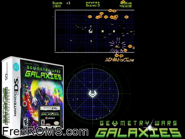 Geometry Wars - Galaxies NDS game showing 3D box cover and gameplay screenshot