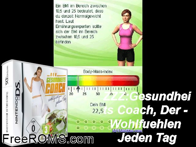 Gesundheits Coach - Wohlfuehlen Jeden Tag, Der Germany NDS game showing 3D box cover and gameplay screenshot