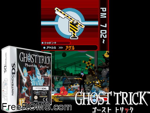 Ghost Trick - Phantom Detective Europe NDS game showing 3D box cover and gameplay screenshot