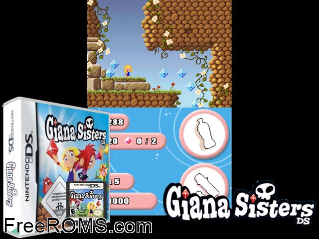 Giana Sisters DS Europe NDS game showing 3D box cover and gameplay screenshot
