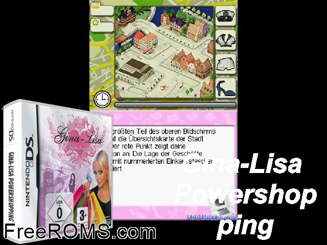 Gina-Lisa - Powershopping Germany NDS game showing 3D box cover and gameplay screenshot