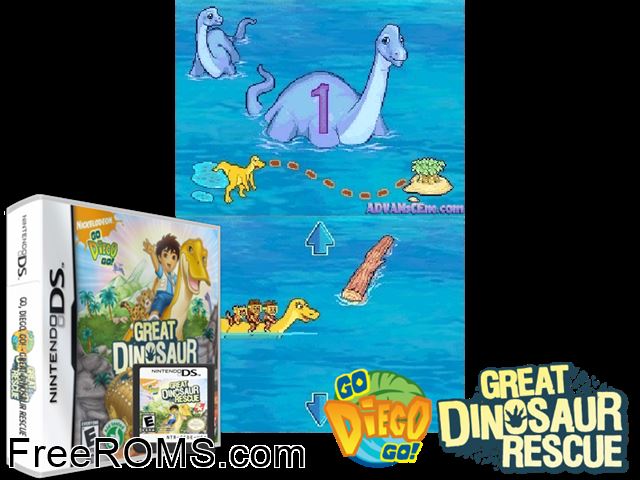 Go, Diego, Go! - Great Dinosaur Rescue Europe NDS game showing 3D box cover and gameplay screenshot