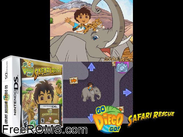 Go, Diego, Go! Safari Rescue Europe NDS game showing 3D box cover and gameplay screenshot