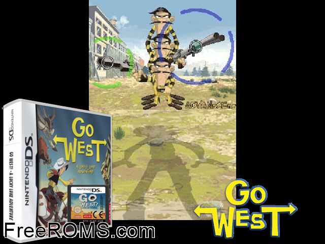 Go West - A Lucky Luke Adventure Europe NDS game showing 3D box cover and gameplay screenshot