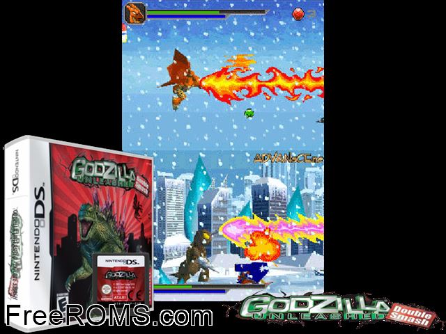 Godzilla Unleashed - Double Smash NDS game showing 3D box cover and gameplay screenshot