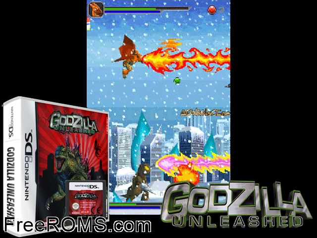 Godzilla Unleashed Europe NDS game showing 3D box cover and gameplay screenshot