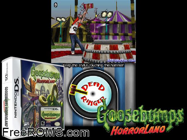 Goosebumps HorrorLand NDS game showing 3D box cover and gameplay screenshot