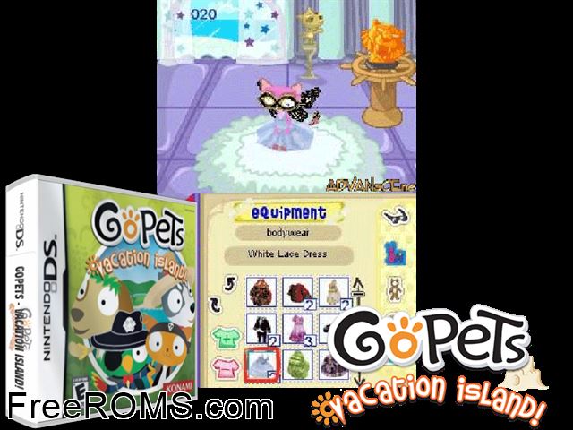 GoPets - Vacation Island NDS game showing 3D box cover and gameplay screenshot