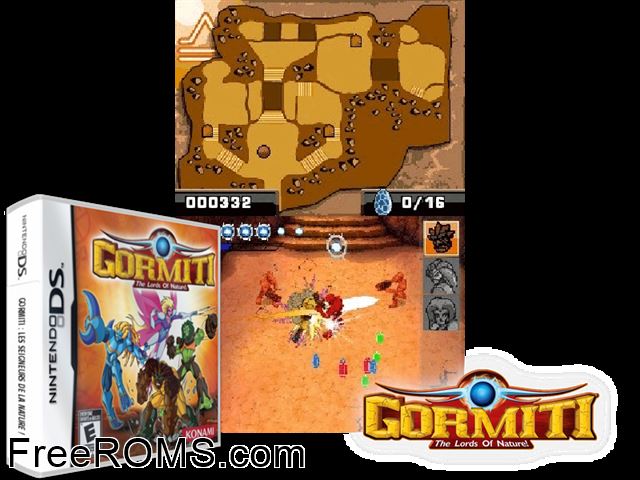 Gormiti - The Lords of Nature! Europe NDS game showing 3D box cover and gameplay screenshot
