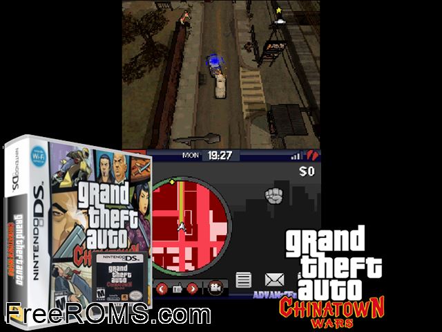 Grand Theft Auto - Chinatown Wars NDS game showing 3D box cover and gameplay screenshot