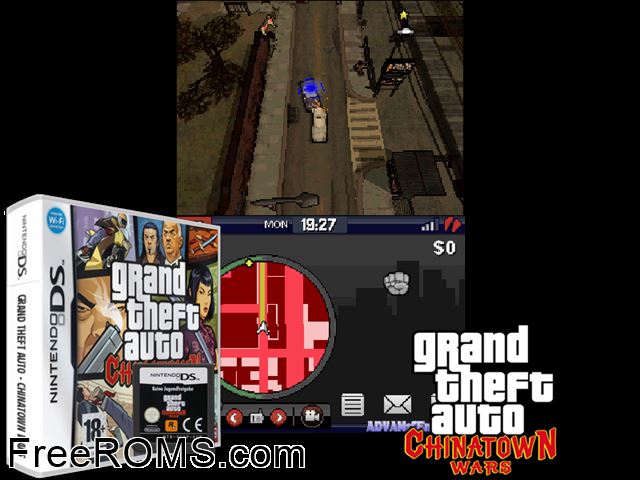 Grand Theft Auto - Chinatown Wars Europe NDS game showing 3D box cover and gameplay screenshot