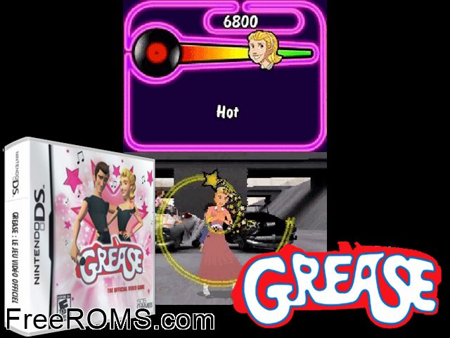 Grease - The Official Video Game NDS game showing 3D box cover and gameplay screenshot