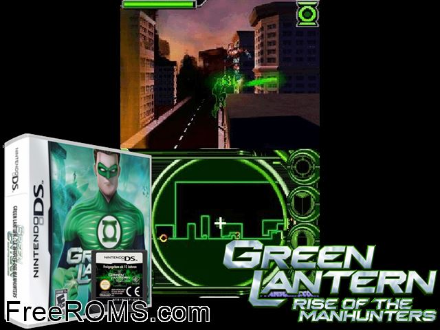 Green Lantern - Rise of the Manhunters NDS game showing 3D box cover and gameplay screenshot