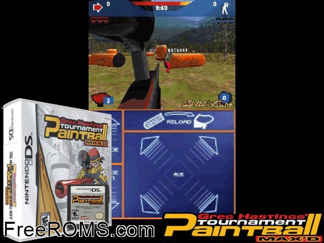 Greg Hastings Tournament Paintball Maxd Europe NDS game showing 3D box cover and gameplay screenshot