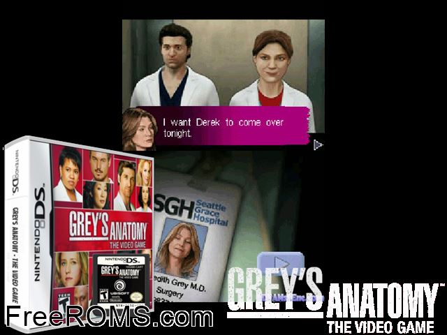 Greys Anatomy - The Video Game Europe NDS game showing 3D box cover and gameplay screenshot