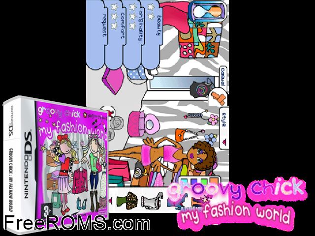 Groovy Chick - My Fashion World Europe NDS game showing 3D box cover and gameplay screenshot