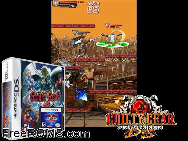 Guilty Gear Dust Strikers NDS game showing 3D box cover and gameplay screenshot