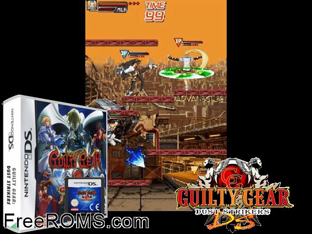 Guilty Gear Dust Strikers Europe NDS game showing 3D box cover and gameplay screenshot